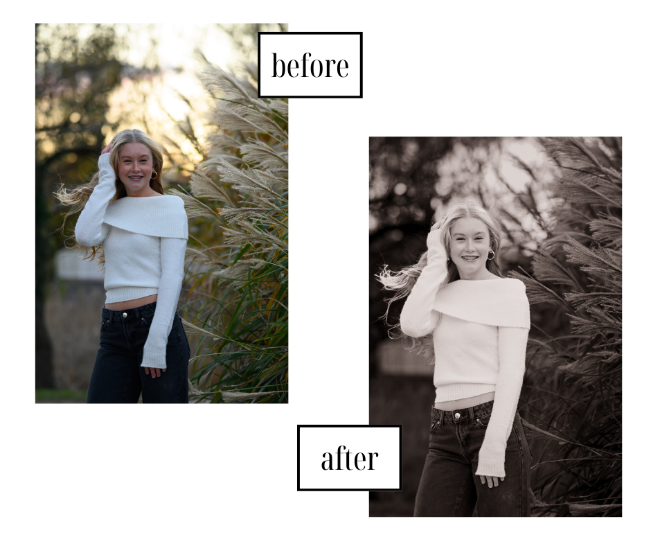 Comparison of a woman in a white sweater and black jeans outdoors, with a colorful background on the left labeled 'before', and a black-and-white version on the right labeled 'after' from Nancy Smiley Photography.