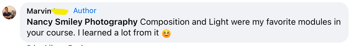 Screenshot of a social media comment from Marvin thanking Nancy Smiley Photography for composition and light modules.