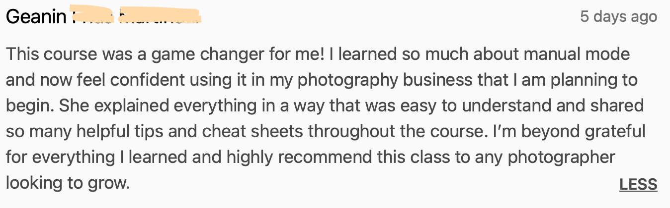 Customer review about a photography course Nancy Smiley Photography, praising its content, helpful tips, and recommendations for growth.