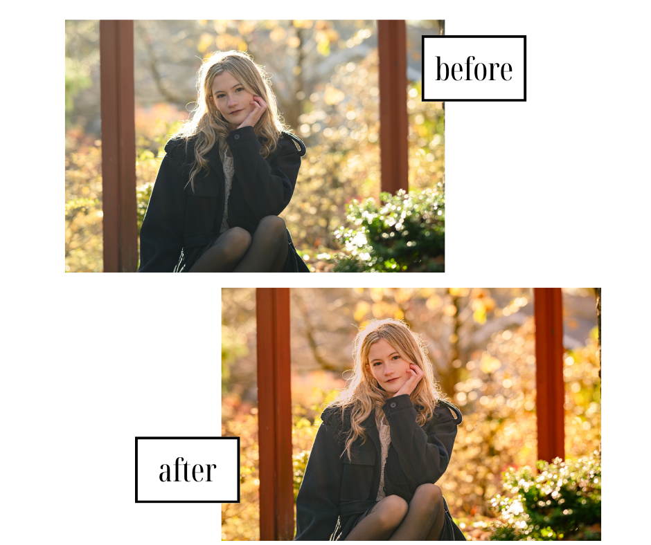 Comparison of two photos of a young woman sitting outdoors with fall foliage in the background, showing a before and after color correction from Nancy Smiley Photography