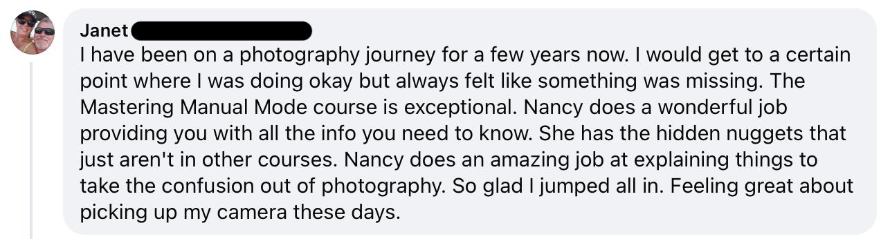 A screenshot of a text message from Janet sharing her positive experience with a photography course from Nancy Smiley Photography, mentioning Nancy's helpful guidance and her renewed confidence in using her camera.
