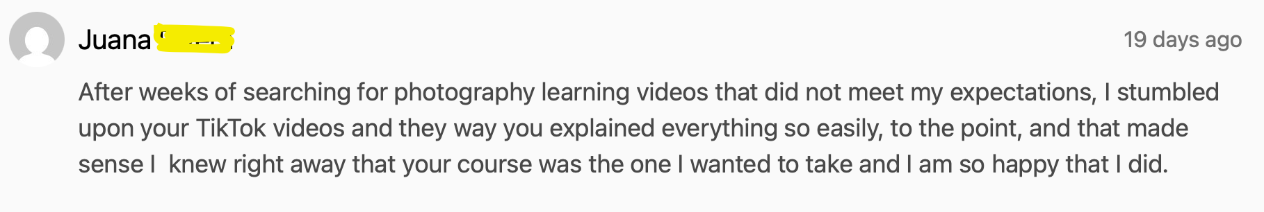 A customer review on an online platform praising a photography course from Nancy Smiley Photography, expressing satisfaction for clear explanations that met their expectations.