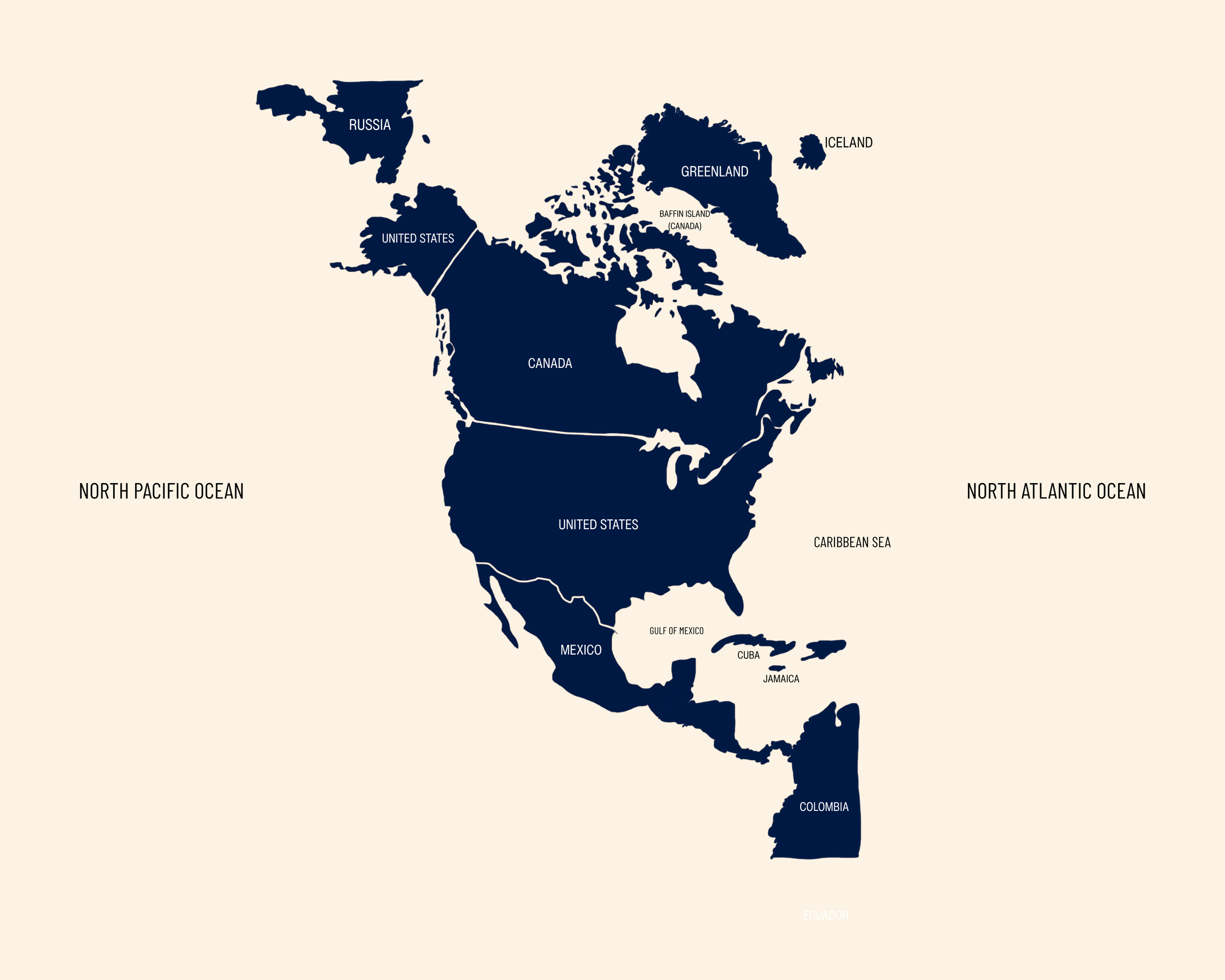 Map of North America showing countries including the United States, Canada, Mexico, Colombia, Cuba, Jamaica, Greenland, Iceland, and parts of the North Atlantic, Pacific, Caribbean, and Gulf of Mexico Oceans.