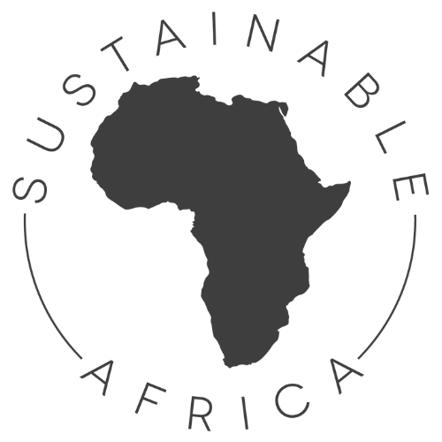 Black and white logo of Africa with the text "SUSTAINABLE AFRICA" encircling it.
