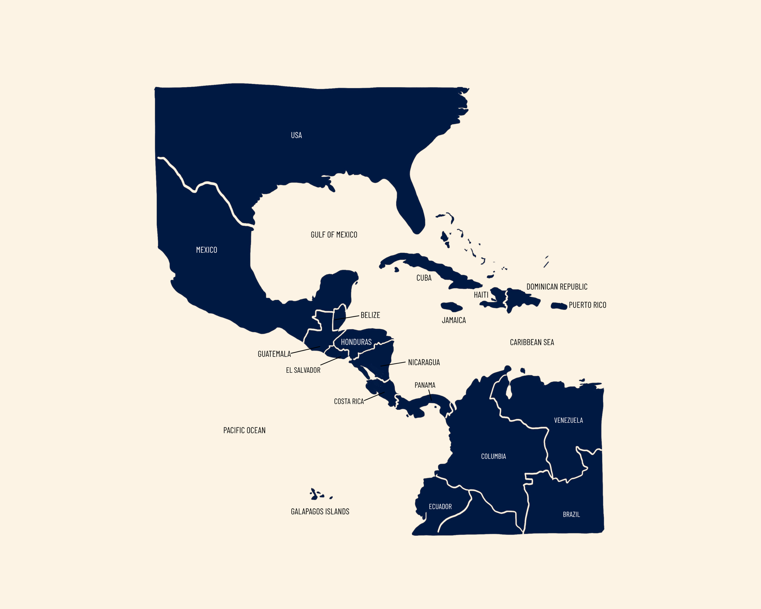 A map showing the countries of Central America, the Caribbean, and the southern part of North America, including the USA, Mexico, Cuba, Haiti, Dominican Republic, Puerto Rico, Belize, Guatemala, Honduras, El Salvador, Nicaragua, Panama, Costa Rica, Colombia, Ecuador, Venezuela, Brazil, and the Galápagos Islands.