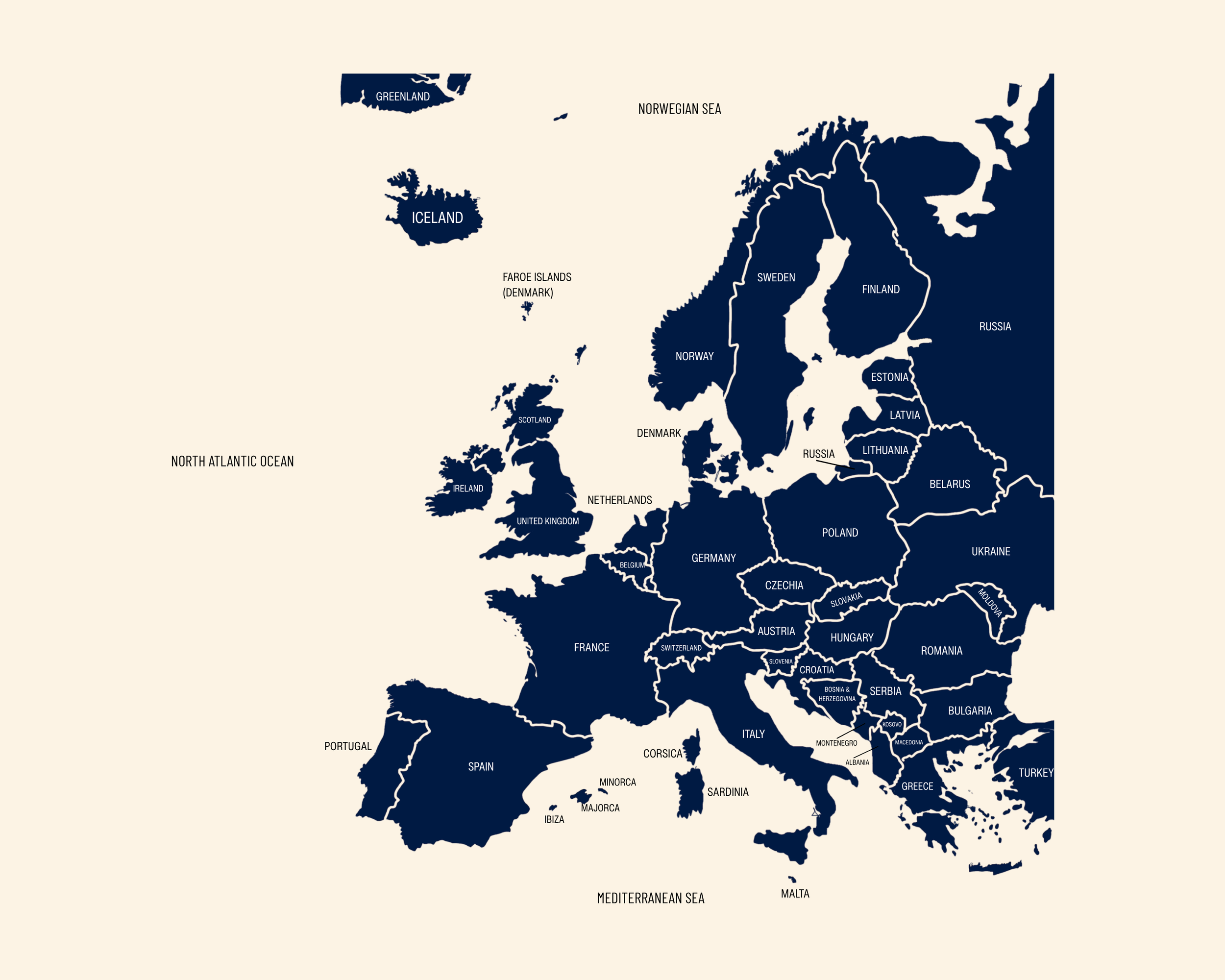 Map of Europe showing country borders and names, with surrounding ocean and sea labels, in dark blue and cream colors.