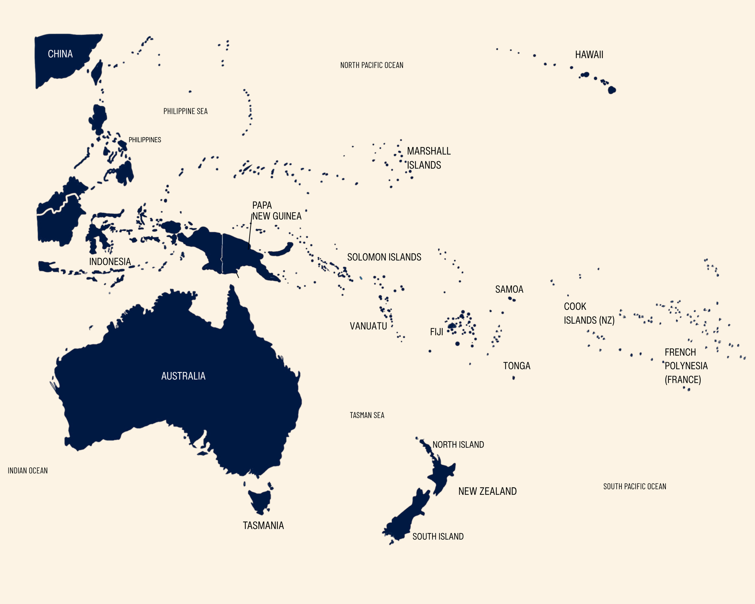 Map of Oceania showing countries such as Australia, New Zealand, Papua New Guinea, Fiji, Solomon Islands, Vanuatu, Samoa, Tonga, and others, with surrounding oceans labeled.