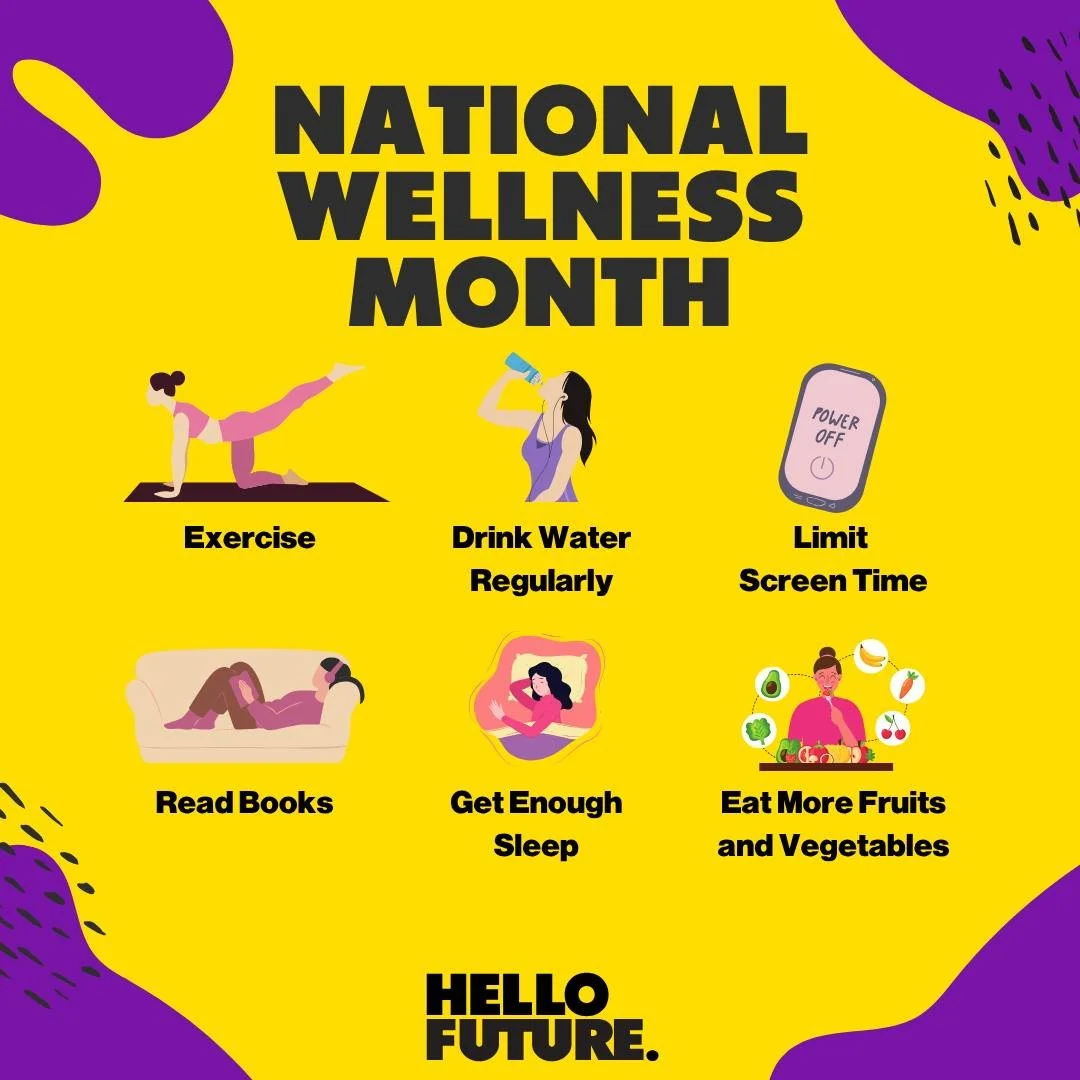 This month is National Wellness Month! Every week this month we will be posting ways you can improve your personal wellness. Here is a couple small changes you can make to focus on your personal wellness! 💛

This month encourages individuals to make