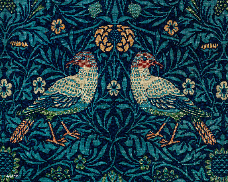 Woven wool tapestry designed by William Morris, 1878. Two intricately woven birds facing each other surrounded by a detailed floral and leafy pattern in shades of blue, green, beige, and peach.