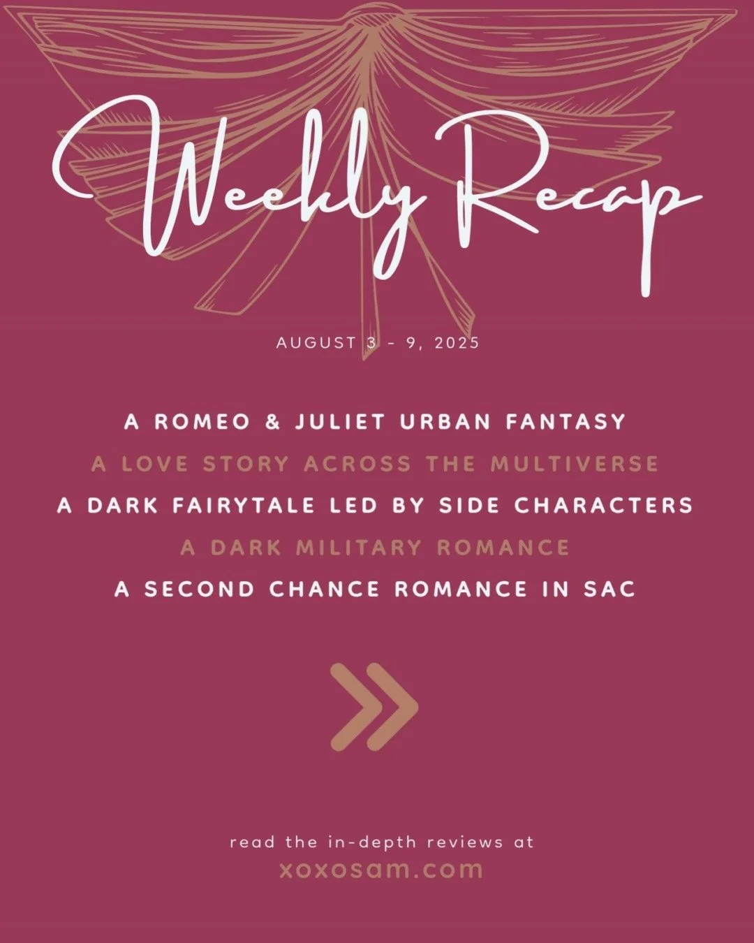romance dominated this week's list of reviews

✨ Which one are you adding to your TBR?

#bookrecap #bookreviewblogger #readwithme #darkromance #urbanfantasy #tbrlist