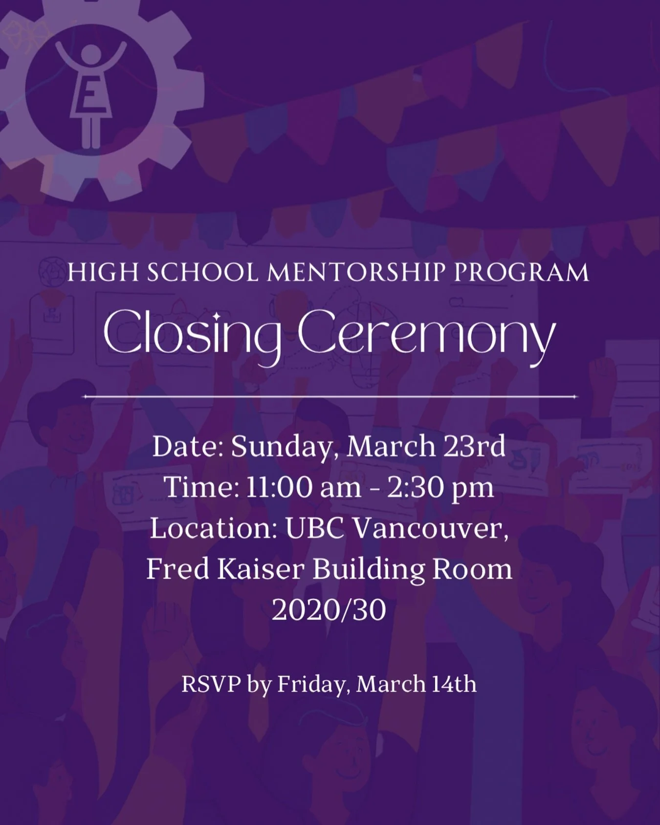 💜Are you a mentorship program member? Join us on Sunday, March 23rd for our Closing Ceremony!

💻The event will include presentations by industry professionals, lunch, and networking!

📩 Please RSVP at the link in your email or our bio by Friday Ma
