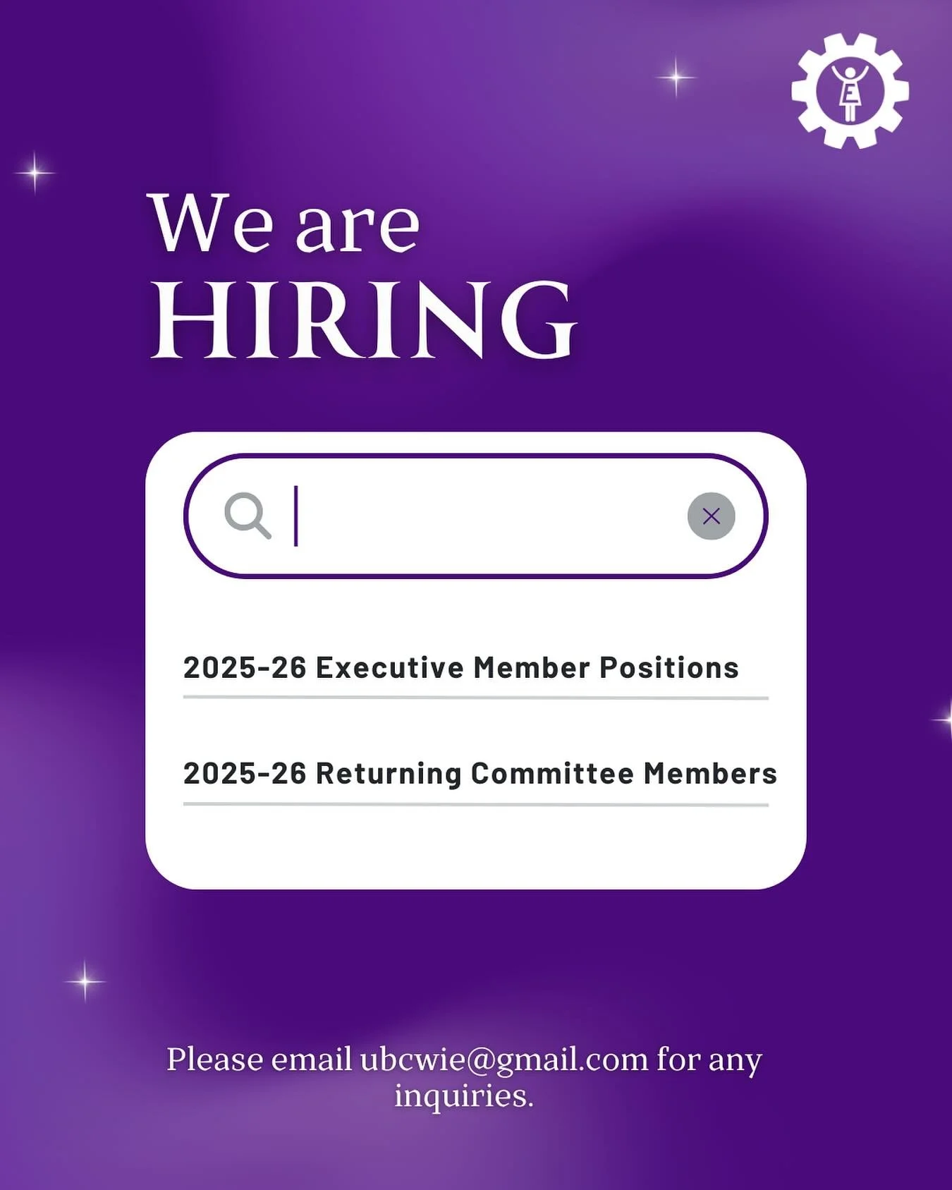 Are you a WiE member interested in taking on an executive position or continuing as a committee member? Fill out the form in our bio by August 3rd @ 11:59 PM.

Please note external recruitment will begin in September.