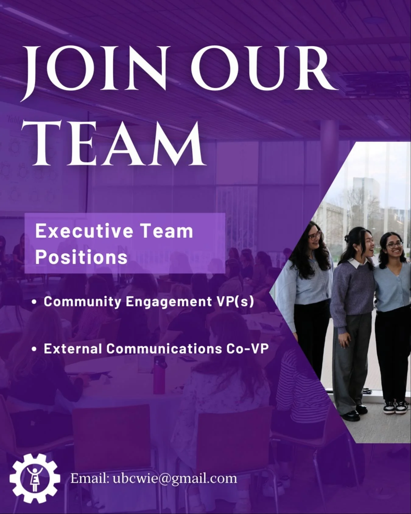 Interested in joining Women in Engineering UBC? We are recruiting Community Engagement VP(s) and an External Communications Co-VP. Fill out the form in our bio by Monday, August 25th @ 11:59 PM to apply.

Please note previous experience in WiE UBC is