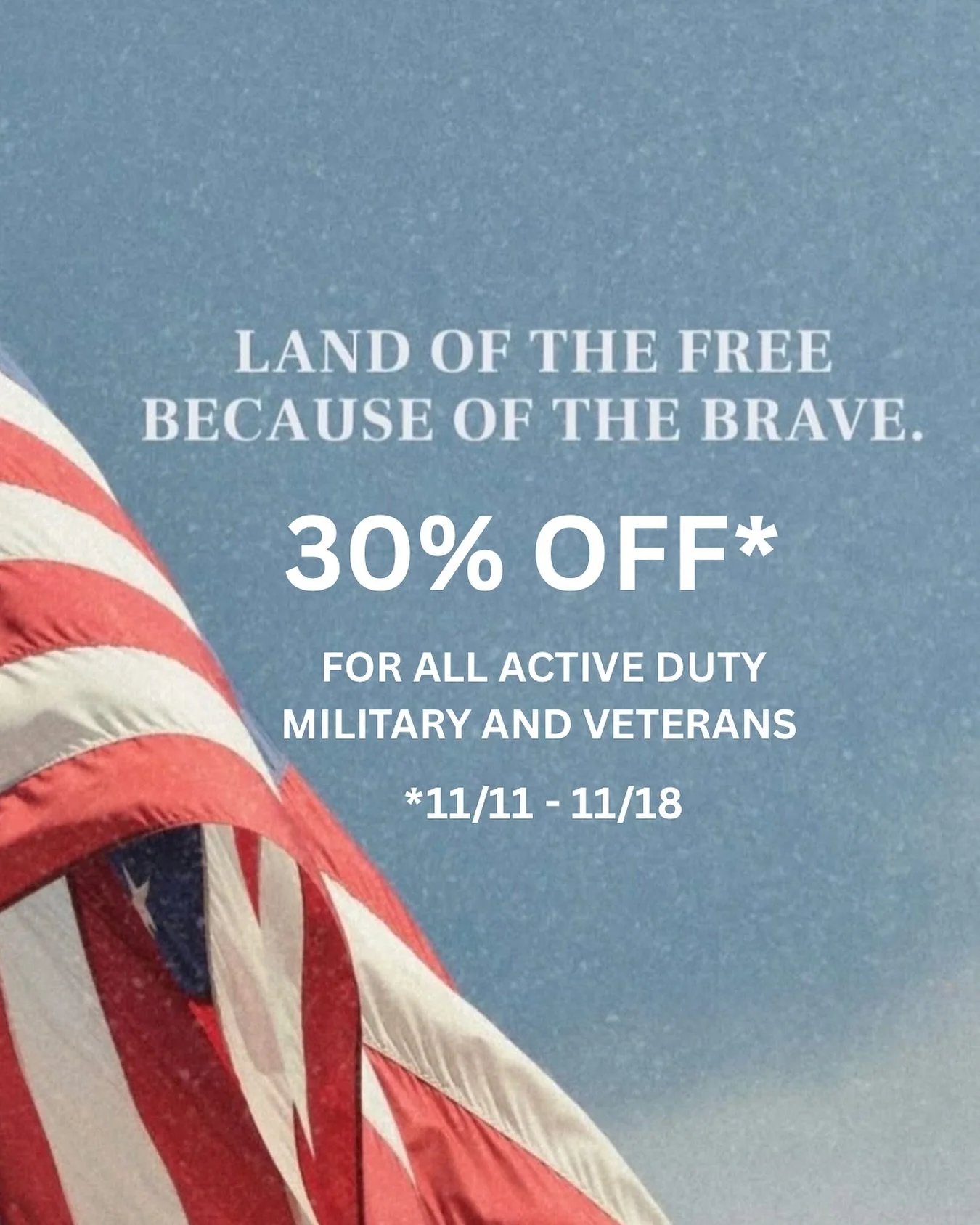 🇺🇸 Land of the free, because of the brave. 🫶🏼

We honor those who have served and continue to serve. Your courage, sacrifice, and strength make our freedom possible.

As a small token of gratitude, we&rsquo;re offering 30% off storewide for all a