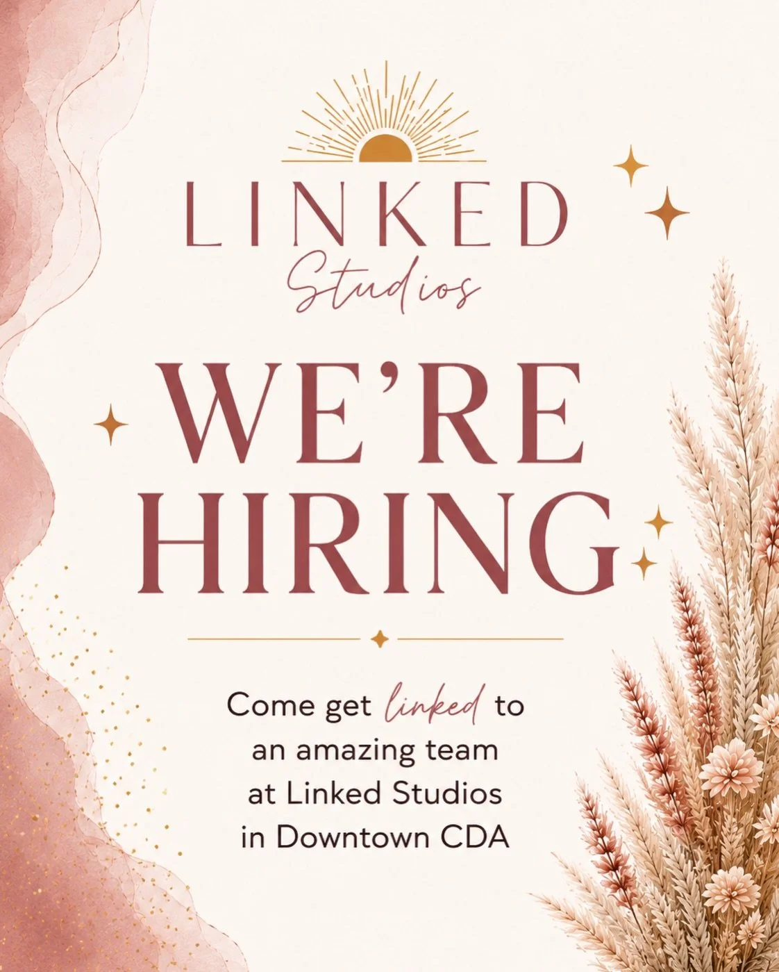 NOW HIRING. ✨

Linked Studios is growing &amp; we&rsquo;re looking for our next DREAM TEAM member! 🤍

We need someone who:
✨ thrives in a fast-paced environment.
✨ has a fun, outgoing personality.
✨ is creative + motivated.
✨ loves people &amp; work