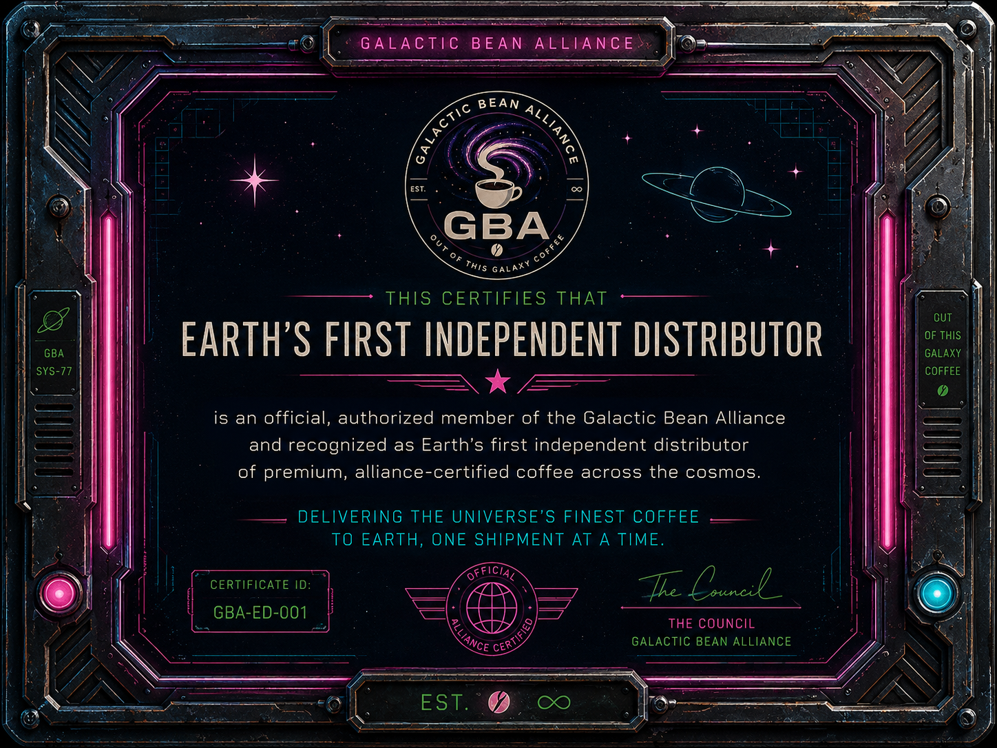 Futuristic certificate from the Galactic Bean Alliance recognizing Earth's first independent distributor of alliance-certified coffee, with a space-themed background, neon lights, and space illustrations.