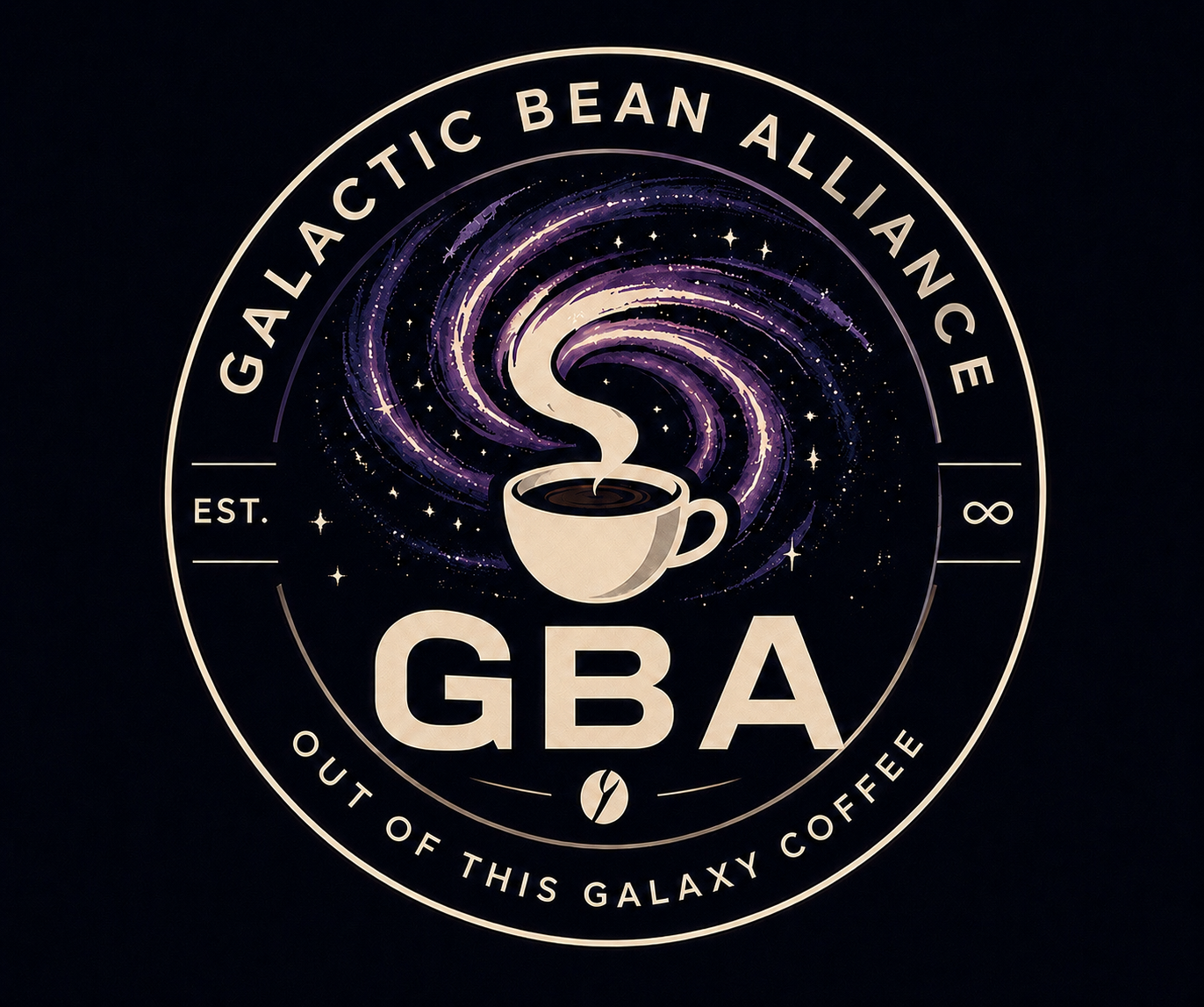 A logo for Galactic Bean Alliance with a coffee cup illustration and galaxy background, featuring the text 'GBA', 'Galactic Bean Alliance', 'EST. 8', and 'Out of this galaxy coffee'.