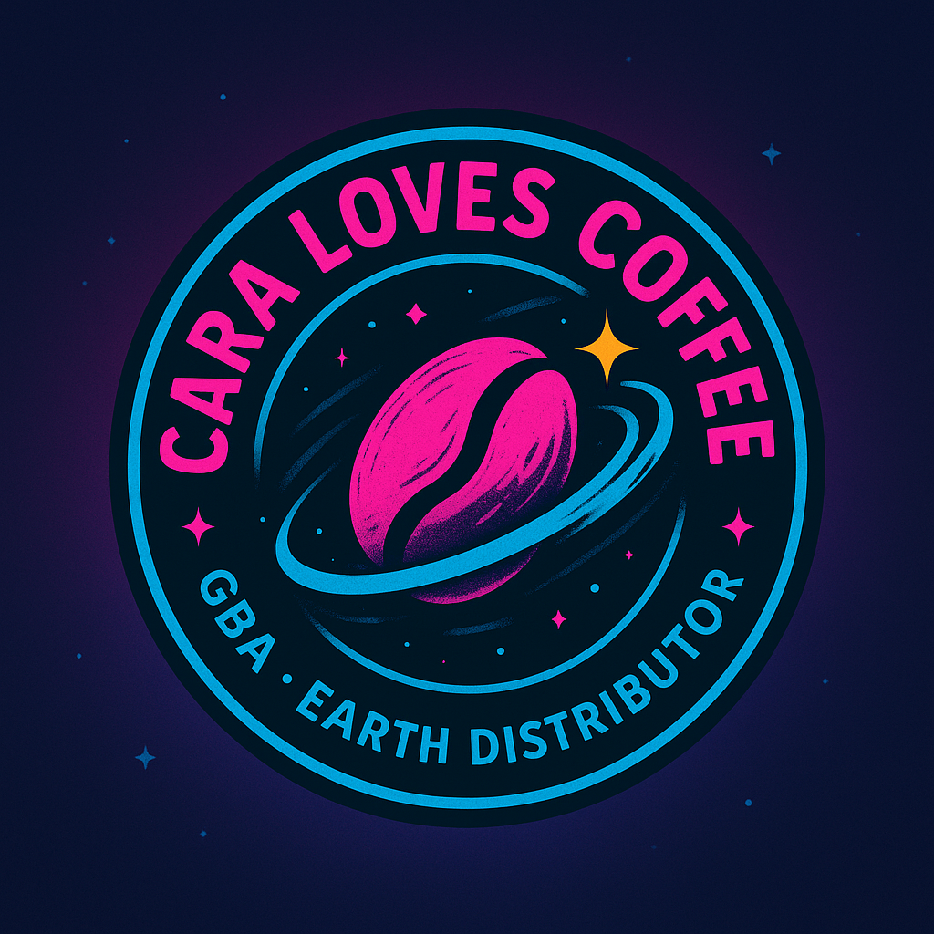 A space-themed logo with the text "Carrara Loves Coffee" and "GBA - Earth Distributor," featuring a stylized pink coffee bean with rings around it, stars, and a dark cosmic background.
