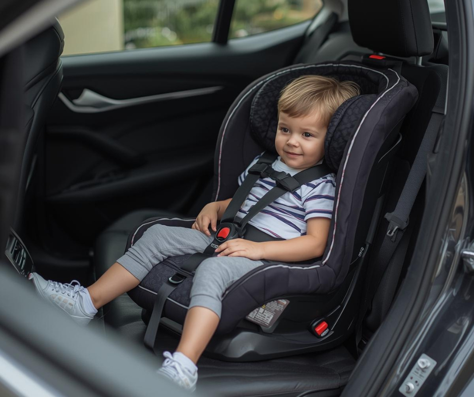 A young boy sitting in a car seat inside a vehicle, with a black interior and a seatbelt, smiling and looking to the side.