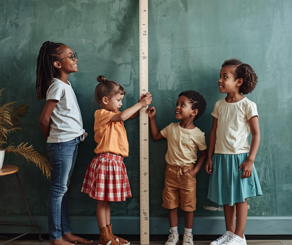 Four children measuring height against a chalkboard with a measuring stick, smiling and engaging with each other.