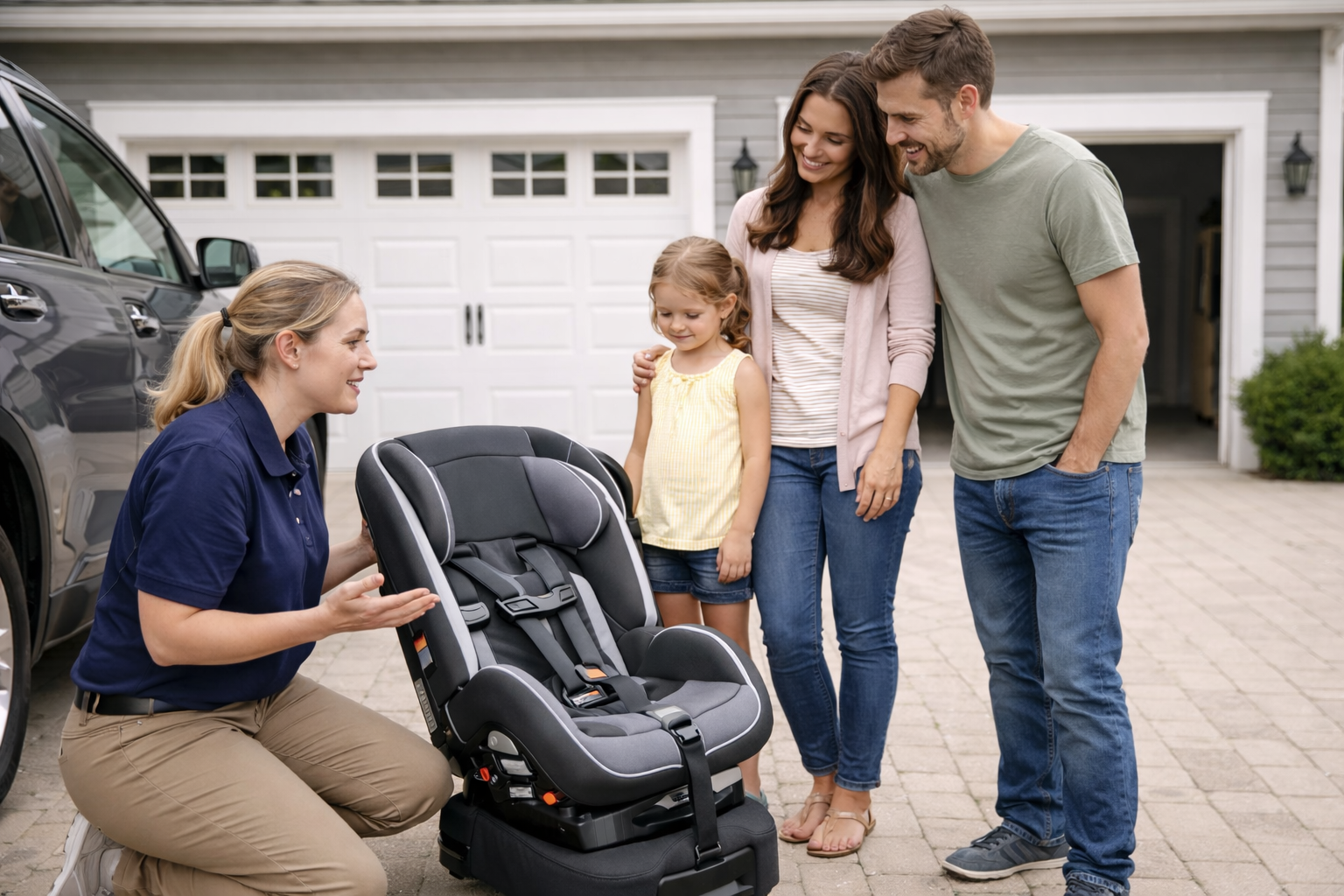 A woman showing a car seat to a family of three in a driveway, with a garage and house in the background.