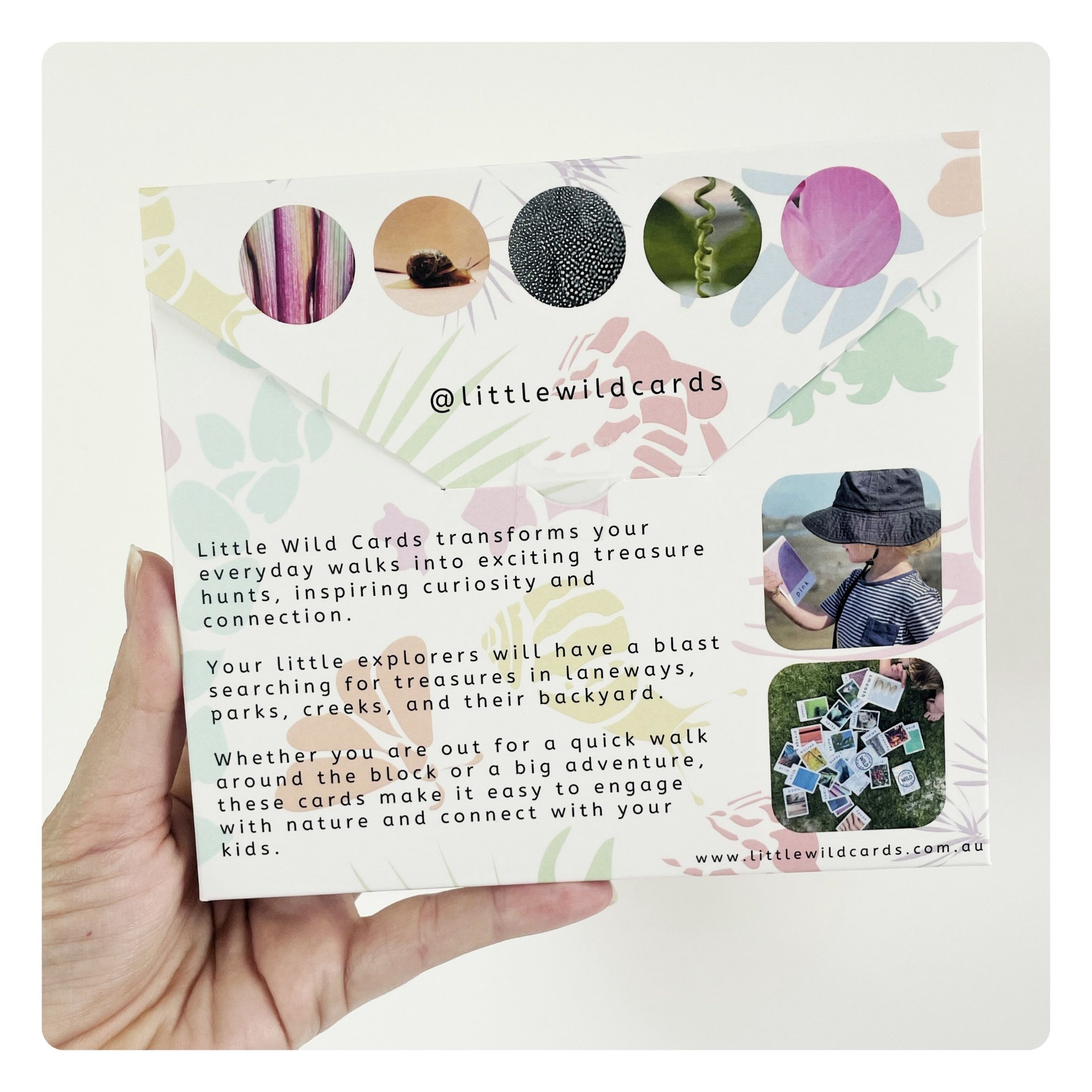 Close-up view of the Little Wild Cards packaging with high-quality cards and photographic visuals.