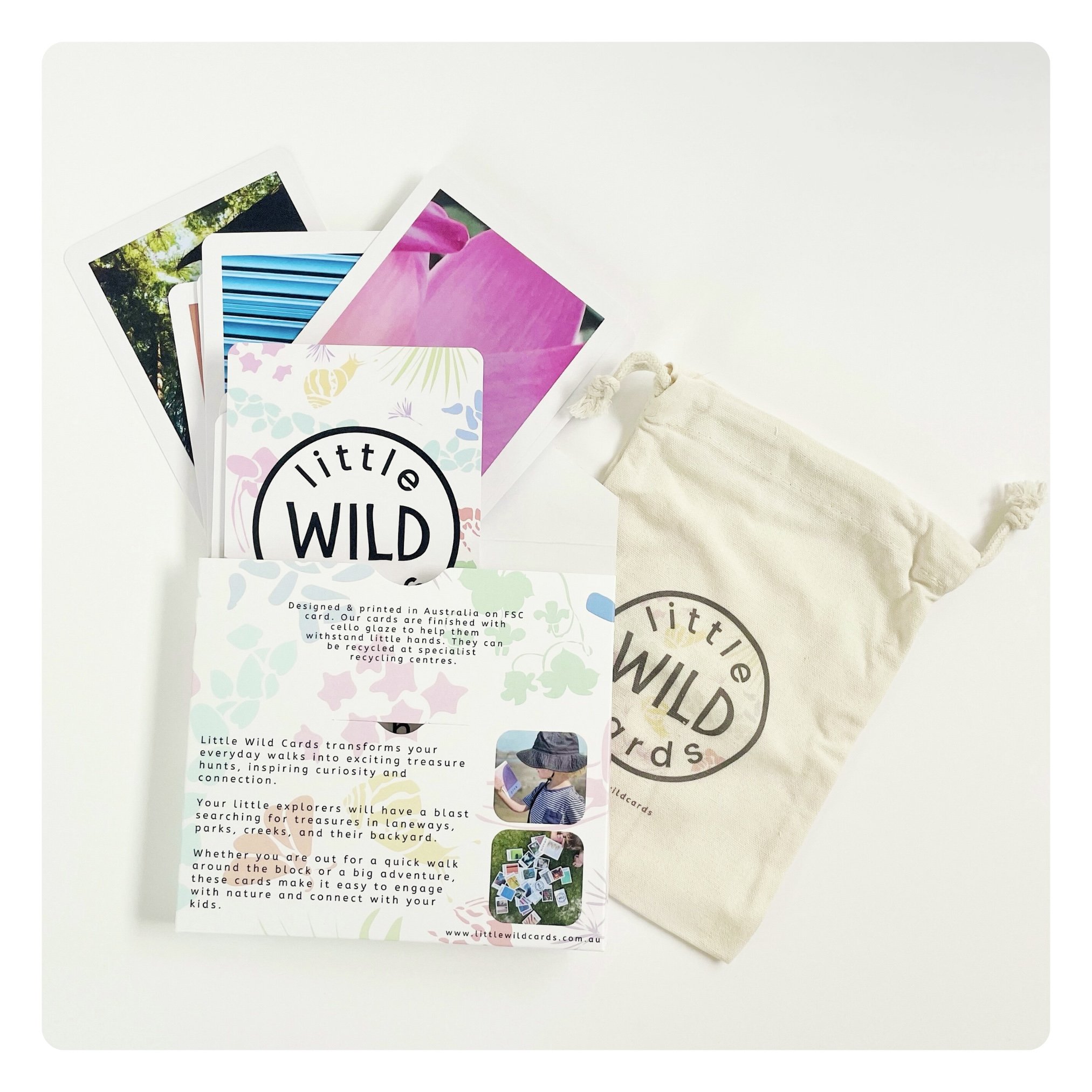 Close-up of Little Wild Cards cotton pouch, perfect for easy storage and portability.