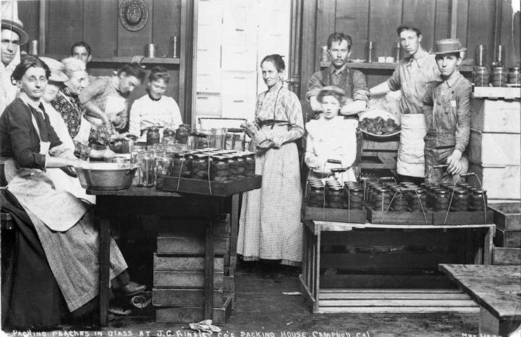 Historical black-and-white photo of women and children packing peaches into glass jars in a packing house, with wooden shelves and crates in the background.