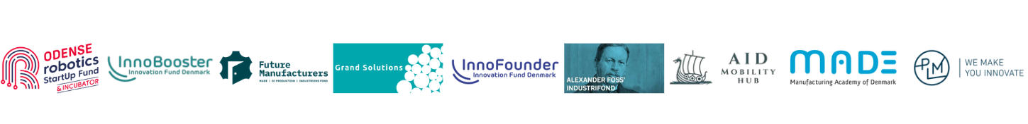 Series of logos representing various Danish innovation and manufacturing organizations, including Odense Robotics, InnoBooster, Future Manufacturers, Grand Solutions, InnoFounder, Alexander Foss Industrial Food, AID Mobility Hub, MADE, and We Make You Innovate.