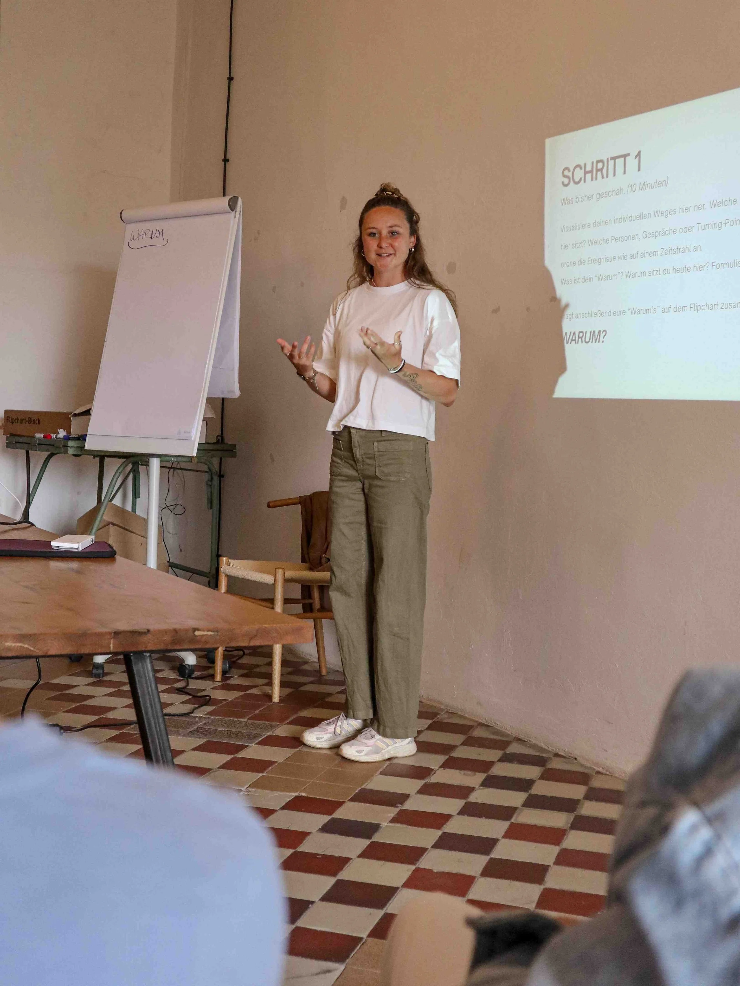 Frau hält einen Vortrag vor Flipchart und Projektion mit der Überschrift 'Schritt 1