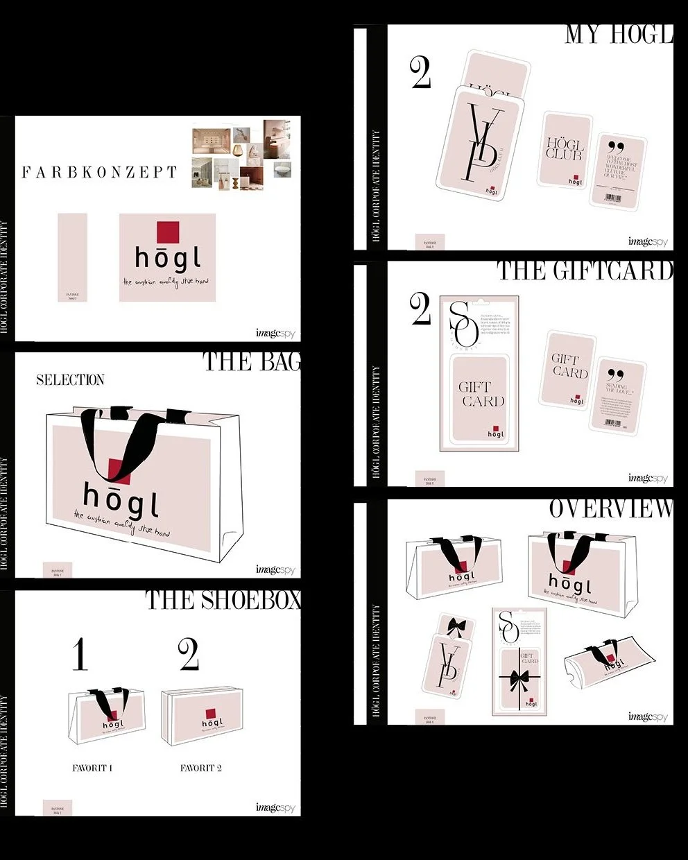 Collage von Corporate-Identity- und Design-Entwürfen der Marke Högl mit raffinierter Typografie, hochwertigen Materialien und harmonischer Farbwelt, entwickelt von imagespy.