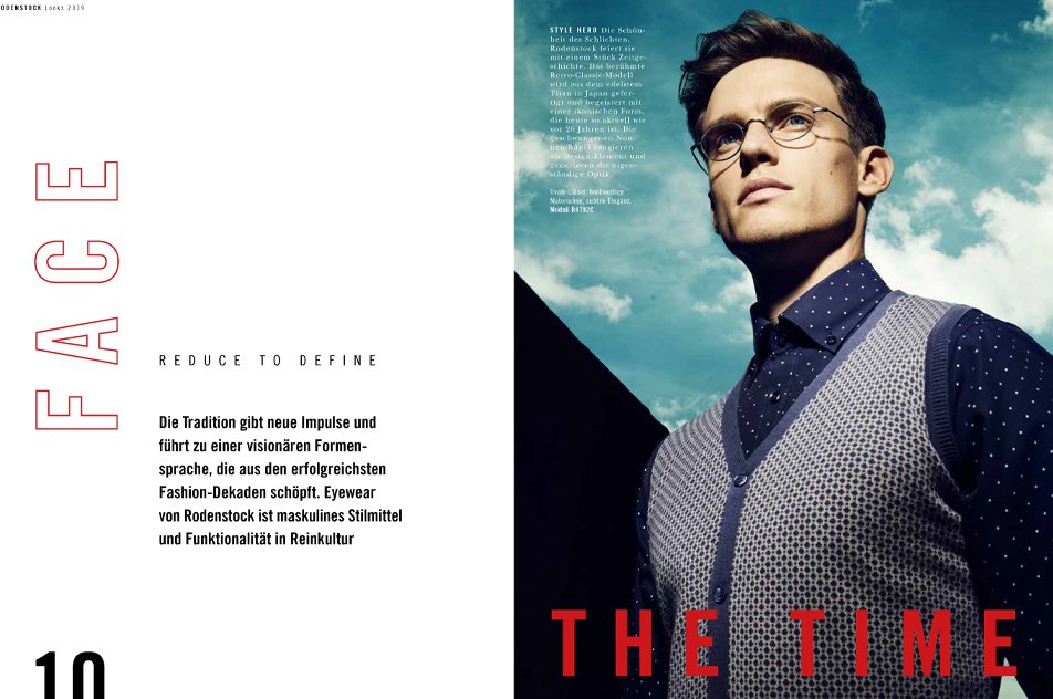 Rodenstock Lookbook 2019 Seite 10/11 „Style Hero“ mit Mann in Weste und Rodenstock Brille, umgesetzt von imagespy.