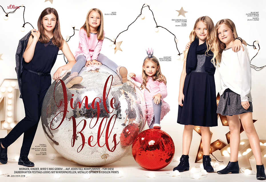 Seite des s.Oliver Magazin Christmas Issue: Kinder präsentieren festliche Looks der s.Oliver Kids Kollektion vor goldenen Sternenlichtern und roten Diskokugeln; Layout von imagespy.