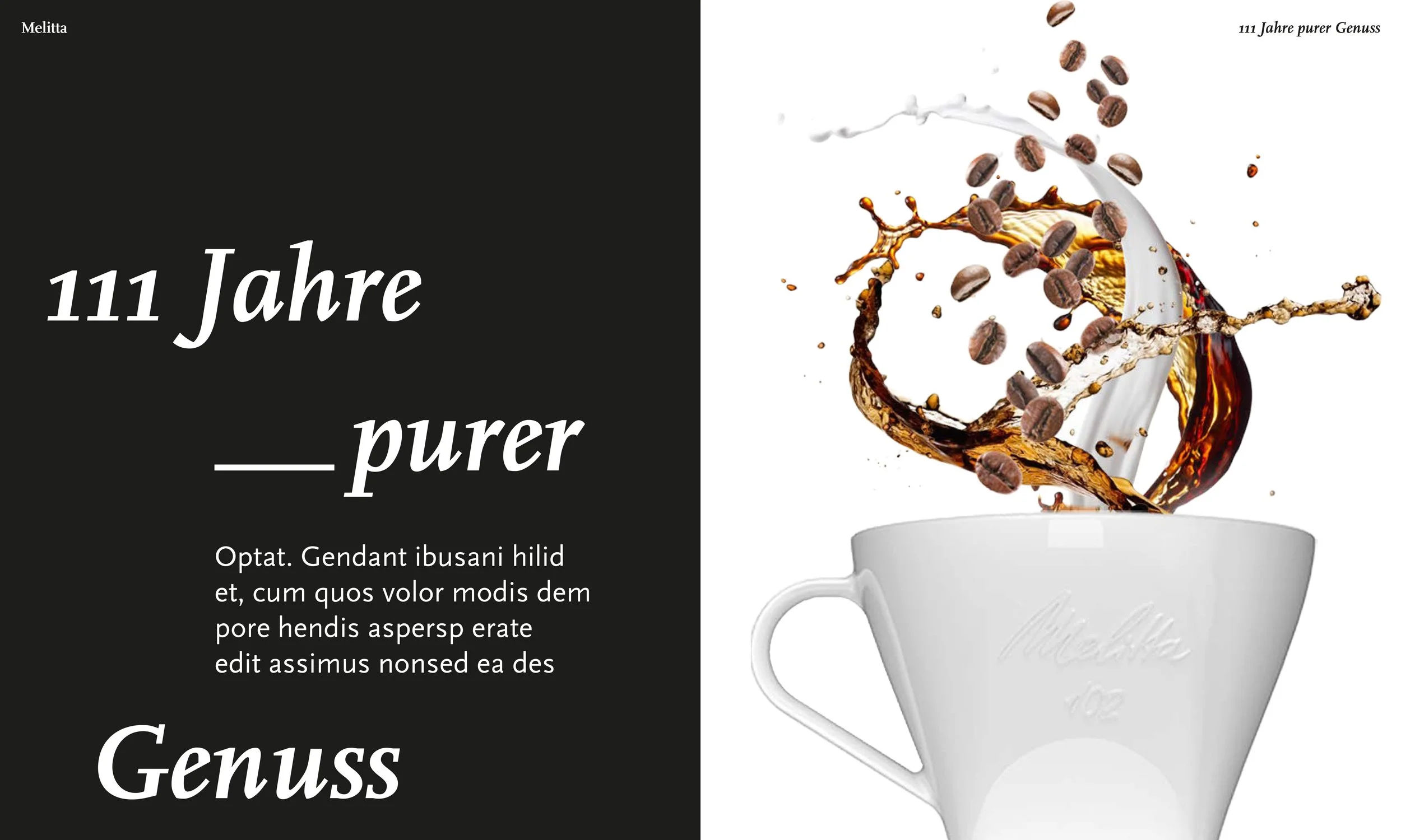 Design-Layout von imagespy für Melitta: Doppelseite mit der Aufschrift „111 Jahre purer Genuss“ und einer dynamischen Kaffeespritzer-Illustration über einem Melitta-Filter.
