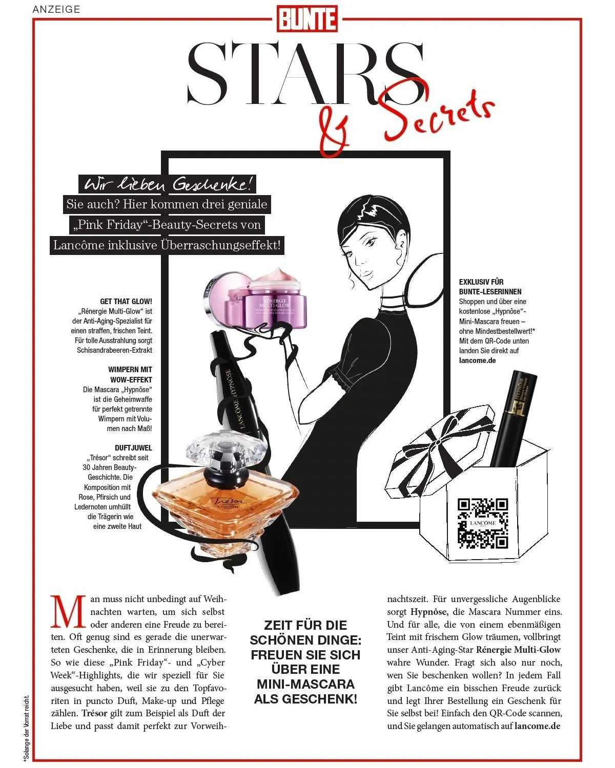 Handgezeichnete Illustration einer Parisienne von imagespy für die Lancôme Beauty Secrets Anzeige in der Zeitschrift Bunte zum Pink Friday.