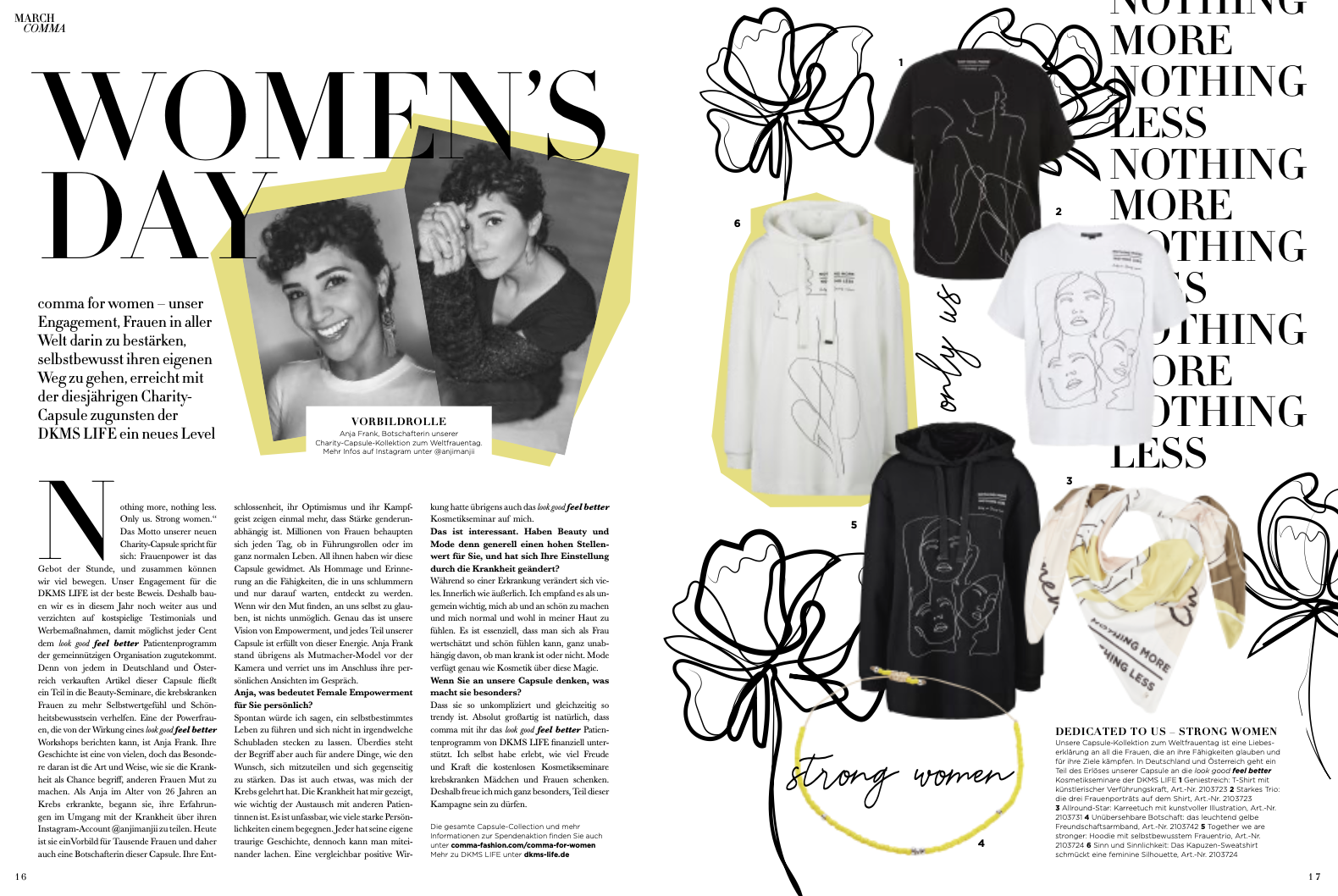 Editorial-Layout von imagespy für comma zum Weltfrauentag: Charity-Kollektion für DKMS LIFE mit Line-Art-Illustrationen und Empowerment-Story.