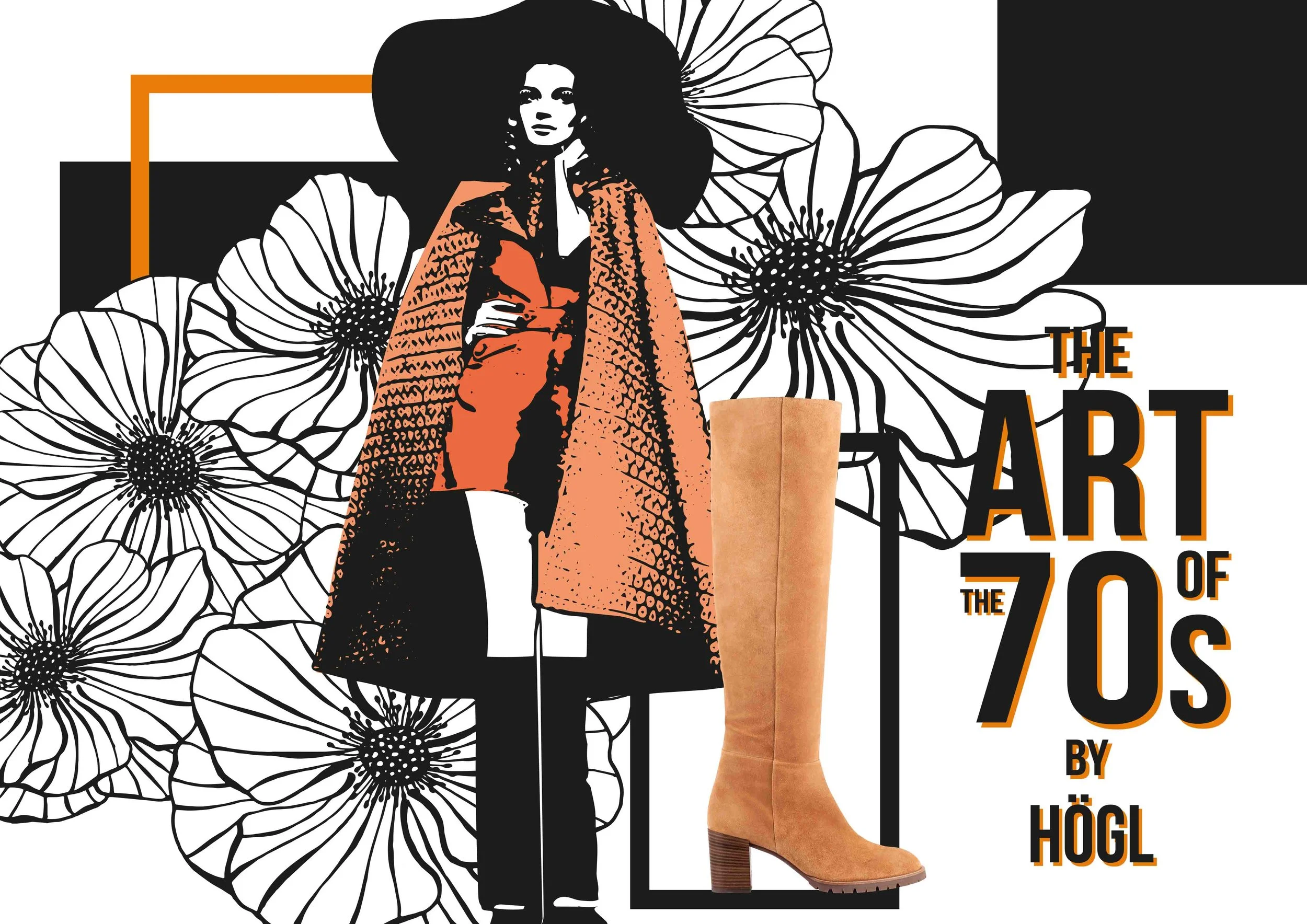 Fashion-Illustration im 70er-Jahre-Stil für Högl mit orangefarbenem Outfit und Wildlederstiefel, präsentiert für imagespy als Teil der kreativen Vision zum Jubiläum.