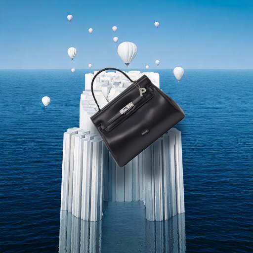 Surreale Produktinszenierung von imagespy: Schwarze Picard Lederhandtasche schwebt vor weißer geometrischer Insel im Ozean mit Heißluftballons unter dem Motto My Bag My Story.