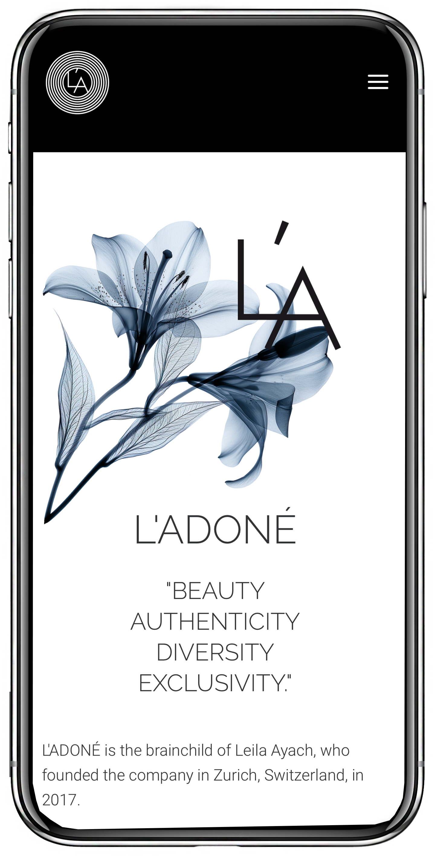 Smartphone-Mockup der L'ADONÉ Website mit KI-generierten X-Ray Blüten und exklusivem Branding, realisiert durch imagespy.