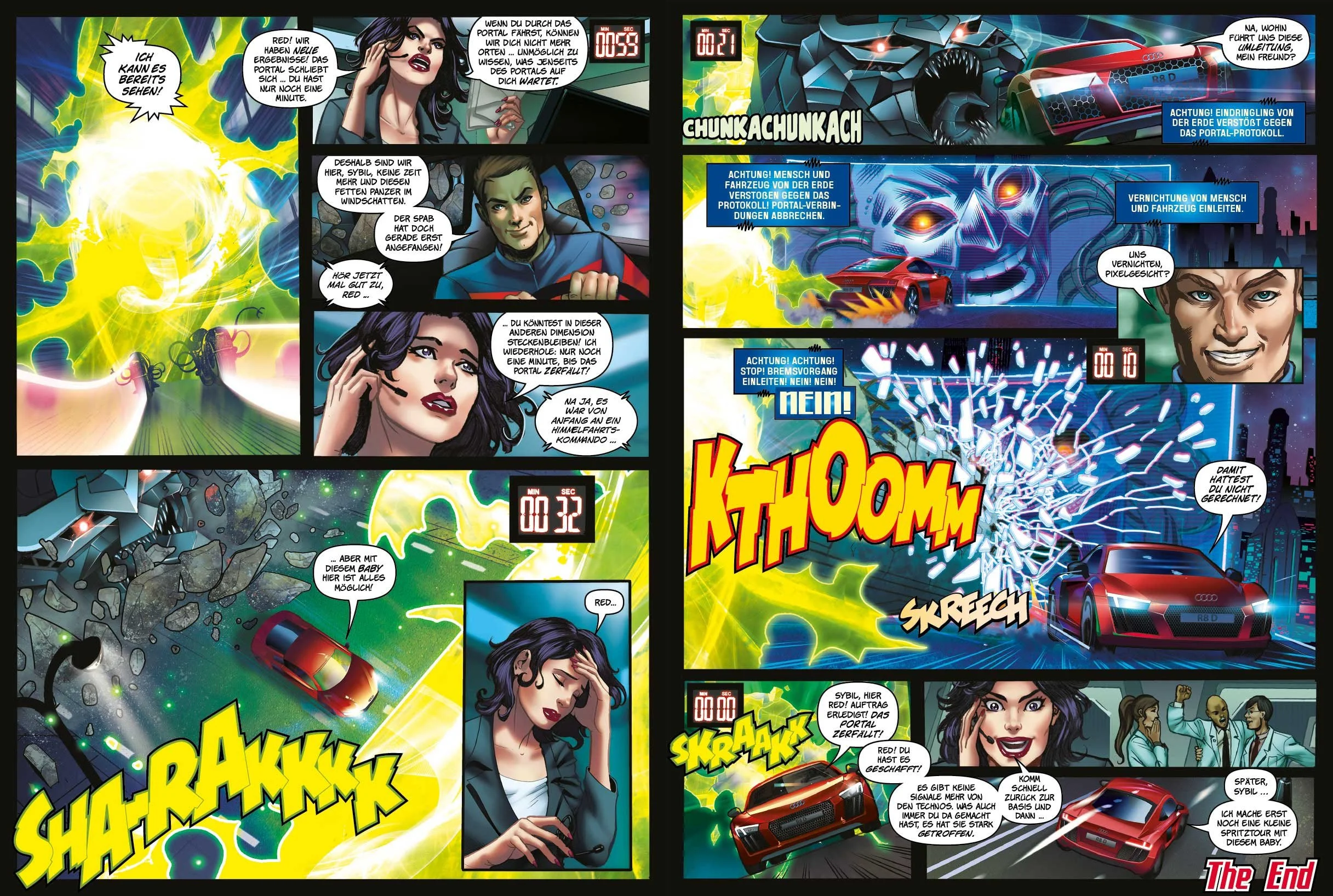 Finale: Der Audi R8 im dramatischen Showdown der Marvel-Stil Comic-Saga „The Ultimate Race“ mit Fokus auf Action-Storytelling und technologische Überlegenheit. Umsetzung by imagespy.