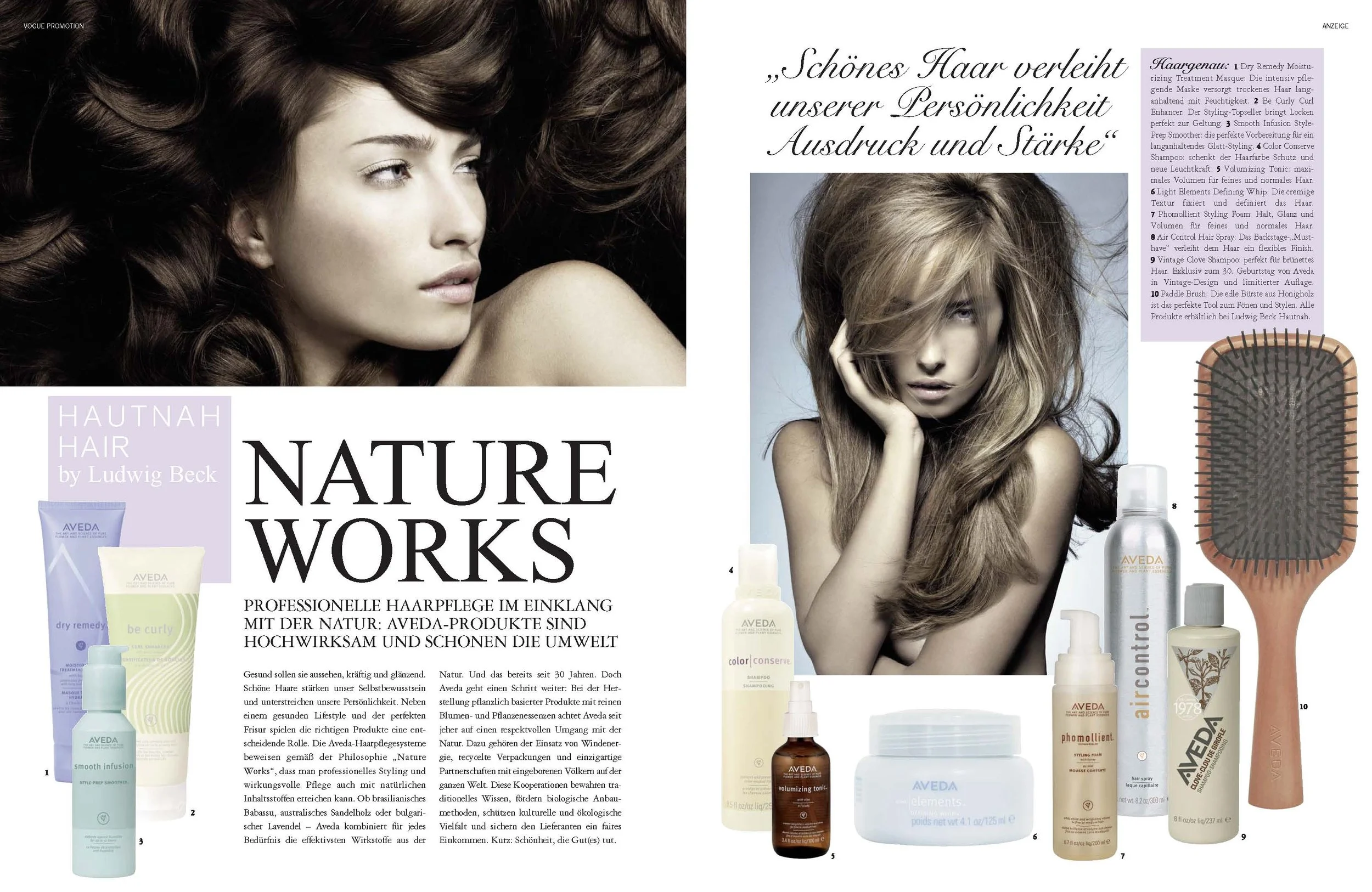 VOGUE Beauty Editorial Hautnah by Ludwig Beck, umgesetzt von imagespy, Porträts mit voluminösem Haar und Stilllife-Produktfotografie von Aveda-Pflegeprodukten.