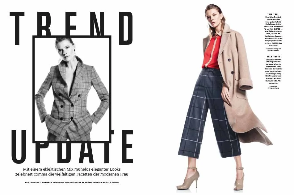 Doppelseite der Vogue-August-Ausgabe 2019 für comma: Links schwarzweißes Blazer-Karo-Outfit, rechts Caro-Hose in Farbe, Headline Trendupdate, umgesetzt von imagespy.