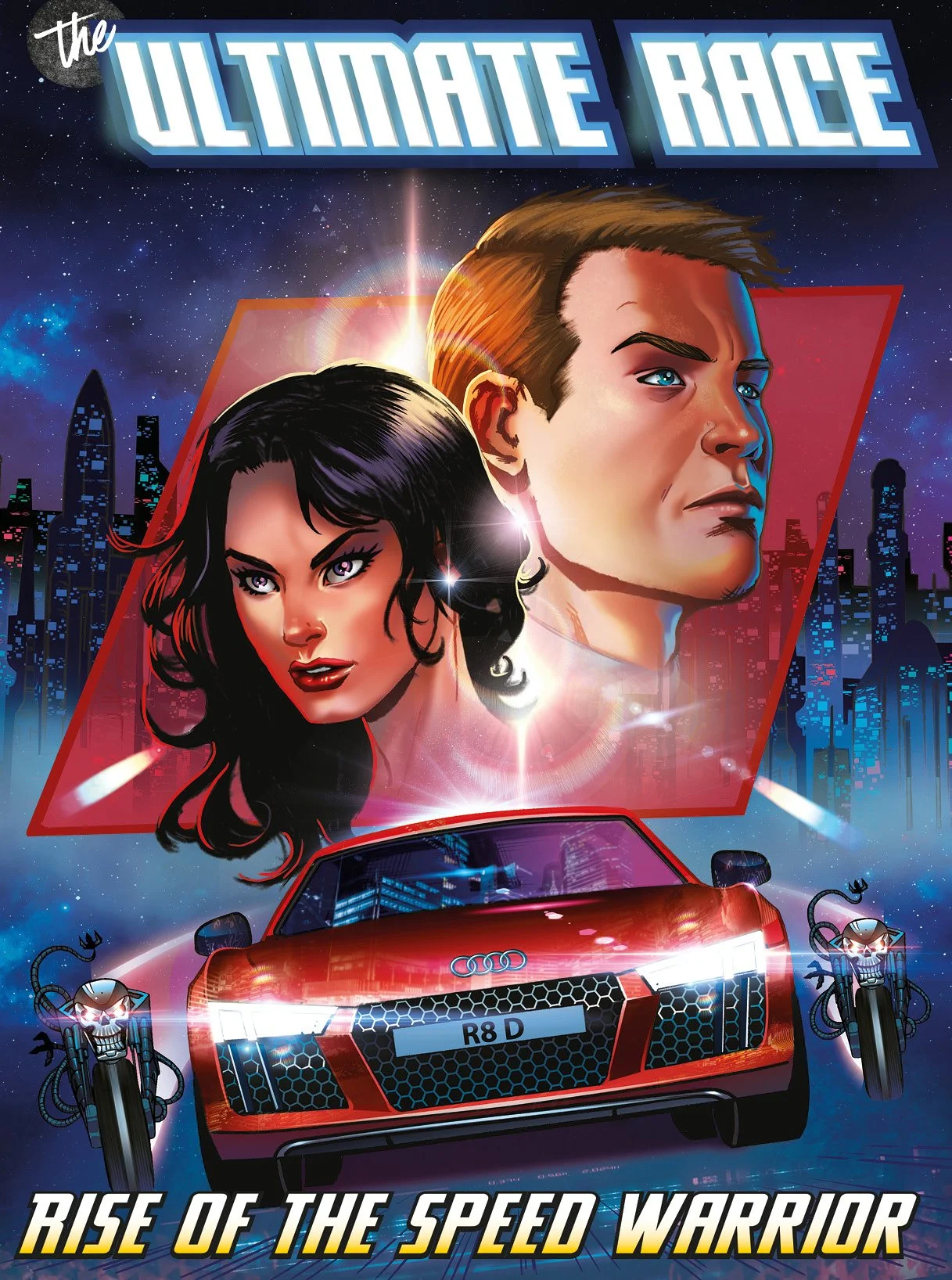 Comic-Visual von imagespy: roter Audi R8D mit zwei Motorrädern vor nächtlicher Skyline – „The Ultimate Race“ im Marvel-Stil für Audi x Wired Storytelling-Kampagne.