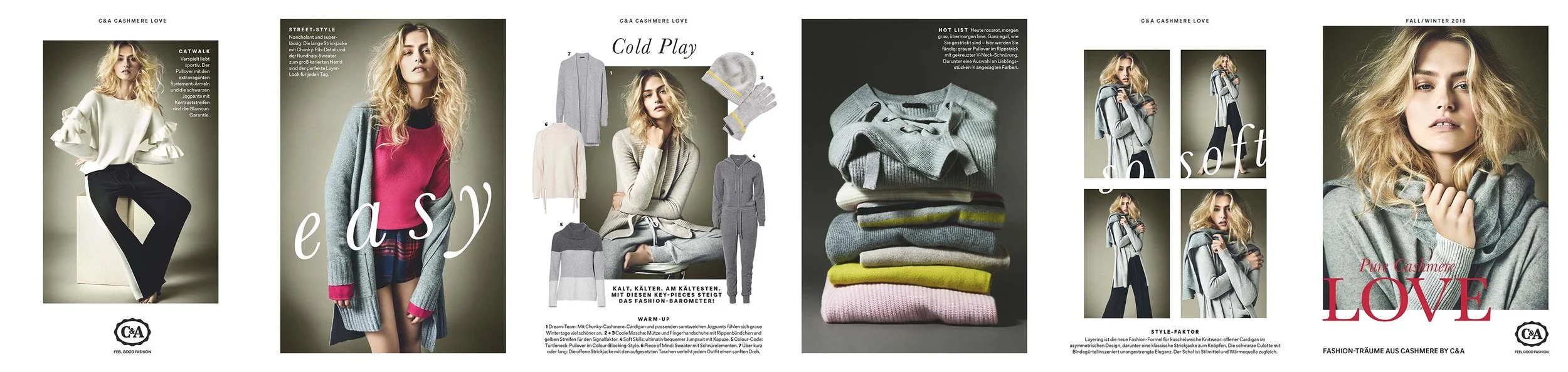 C&A PR-Lookbook Pure Cashmere FW2018 Leporello Vorderseite: Modelaufnahmen, Still-Life-Fotografie und Freisteller-Seite mit Headlines „So Soft“, „Cold Play“ und „Easy“, umgesetzt von imagespy.