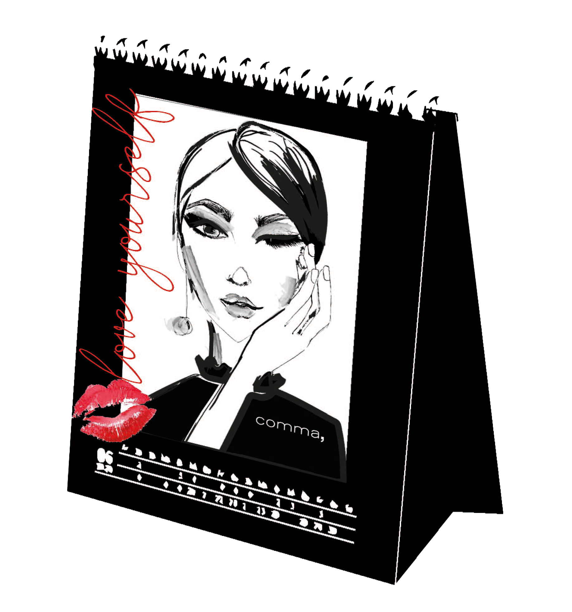 Promotional Calendar für comma in Schwarzweiß mit rotem Kussmund, Schriftzug und Frauenillustration – modernes, minimalistisches Design von imagespy.