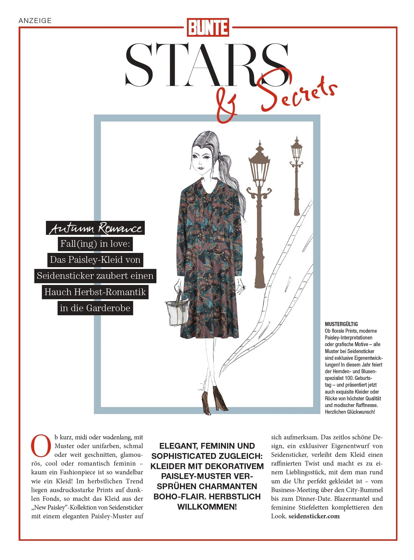 Anzeigenlayout Stars and Secrets von imagespy für Seidensticker in der BUNTE: Illustration eines Kleids mit Paisley-Muster und herbstlichem Boho-Flair.