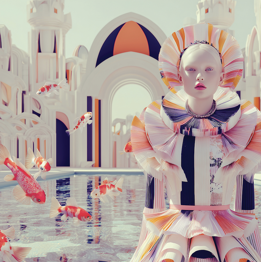 Zukunftsweisende Modekampagne 2050 von imagespy: Eine Frau in plissierter High-Fashion-Kleidung vor surrealer Architektur mit schwebenden Koi-Fischen, erstellt mit KI-Tool Nani.