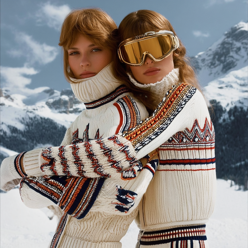 KI-generiertes Visual mit zwei Models in Olympia-Strickmode vor verschneiter Winterlandschaft zum Thema Olympia 2026, erstellt mit Nani von imagespy.