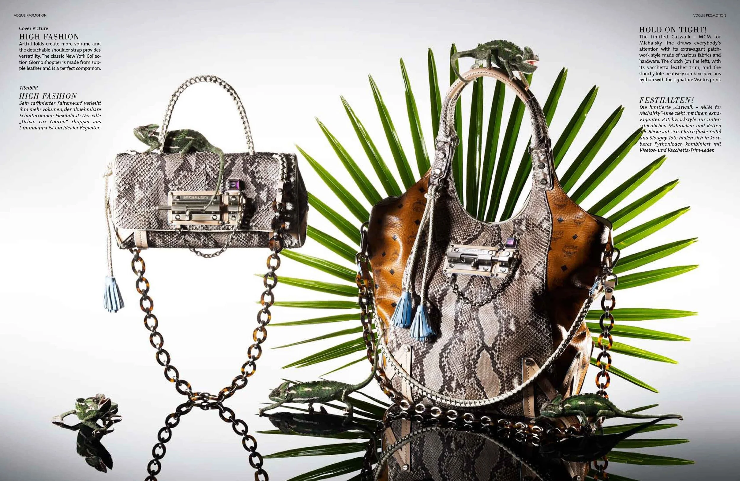 VOGUE Promotion „Little Wonders“ Doppelseite mit MCM Urban Lux Giorno Shopper und Catwalk Taschen aus Pythonleder, arrangiert mit fünf Chameleons, umgesetzt von imagespy.