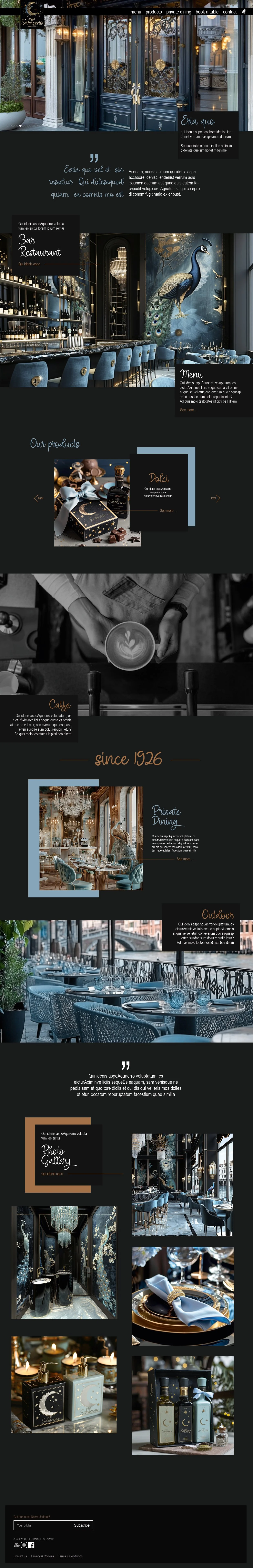 Website-Layout für das Caffè Saraceno mit KI-generierten Bildern, blau-weißer-goldener Typografie auf schwarzem Hintergrund, Konzept von imagespy.